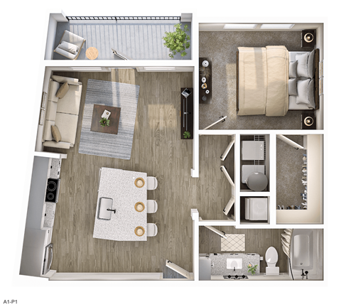 Floor plan for 1 bed, 1 bath, 692 sqft